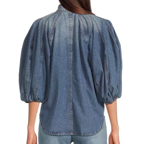 *NWT* A LOVES A 3/4 Puff Sleeve Pleat Button Shoulder Tie-Neck Denim Top — M - Picture 6 of 7